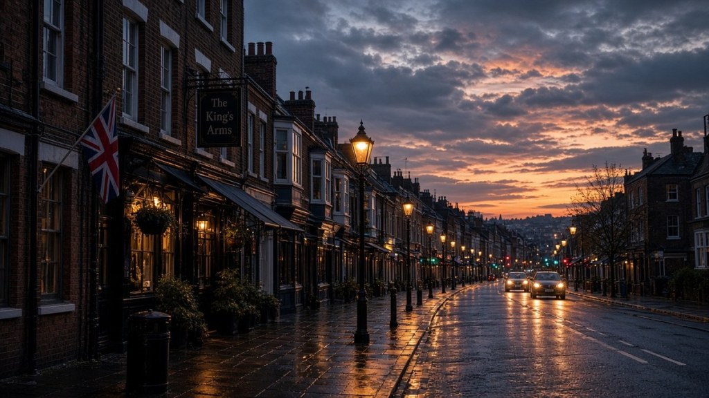 A quiet British street of red-brick terraced houses at dusk in late autumn, with streetlights glowing and warm light in the windows.